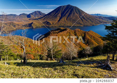 奥日光・社山稜線から見る紅葉の中禅寺湖と男体山 104266837