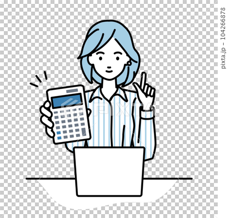 A woman in a shirt sitting at her desk, opening her laptop, holding a calculator, and showing it to me A woman in a shirt sitting at her desk, opening her laptop, holding a calculator, and showing it to me 104266878
