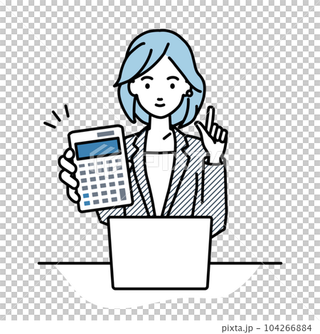 A woman in a suit sitting at her desk, opening her laptop, holding a calculator, and showing it to me 104266884