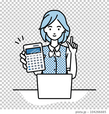 A woman in a clerk uniform sitting at her desk, opening her laptop, holding a calculator, and showing it to me 104266885