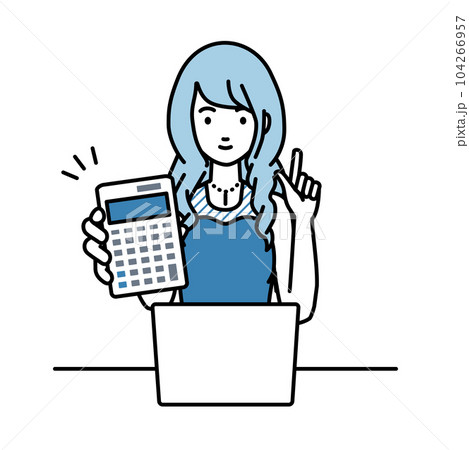 座ってデスクでノートPCを開いて電卓を持ってこちらに向けて見せているドレスの女性 104266957