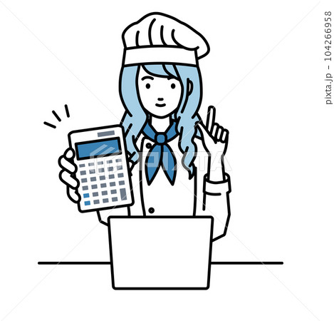 座ってデスクでノートPCを開いて電卓を持ってこちらに向けて見せている調理師の女性 104266958