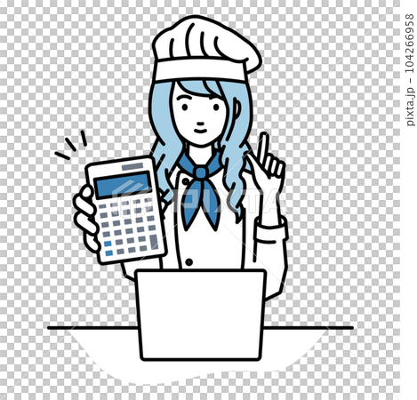 A female cook sitting at her desk, opening her laptop, holding a calculator, and showing it to us 104266958