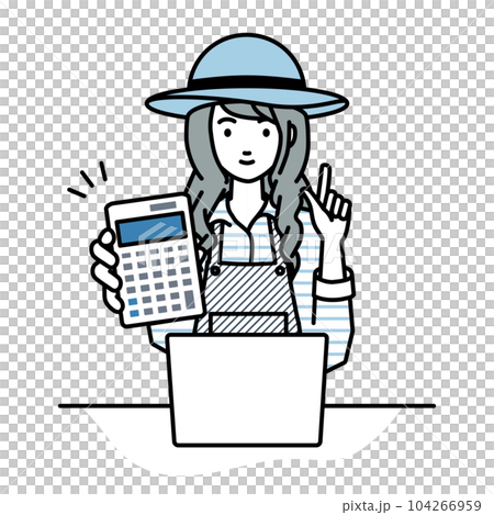 座ってデスクでノートPCを開いて電卓を持ってこちらに向けて見せている農家の女性 104266959