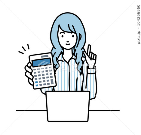 座ってデスクでノートPCを開いて電卓を持ってこちらに向けて見せているシャツの女性 104266960