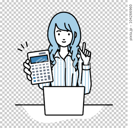 座ってデスクでノートPCを開いて電卓を持ってこちらに向けて見せているシャツの女性 104266960