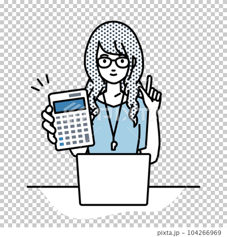 座ってデスクでノートPCを開いて電卓を持ってこちらに向けて見せている教師の女性 104266969