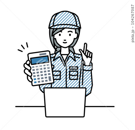 座ってデスクでノートPCを開いて電卓を持ってこちらに向けて見せている作業員の女性 104267087