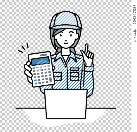 座ってデスクでノートPCを開いて電卓を持ってこちらに向けて見せている作業員の女性 104267087