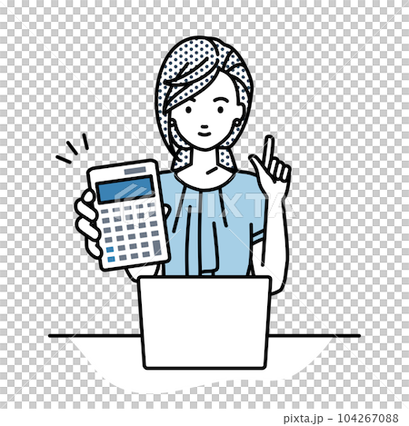 座ってデスクでノートPCを開いて電卓を持ってこちらに向けて見せているオフィスカジュアルの女性 104267088