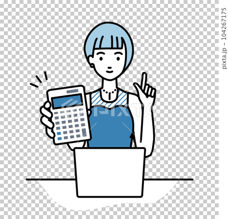 座ってデスクでノートPCを開いて電卓を持ってこちらに向けて見せているドレスの女性 座ってデスクでノートPCを開いて電卓を持ってこちらに向けて見せているドレスの女性 104267175