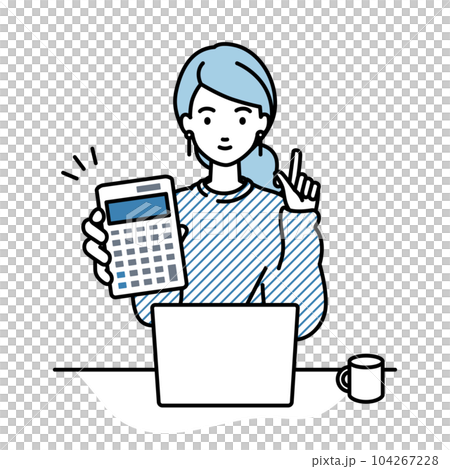 A woman in a sweatshirt sitting at her desk, opening her laptop, holding a calculator, and showing it to me A woman in a sweatshirt sitting at her desk, opening her laptop, holding a calculator, and showing it to me 104267228
