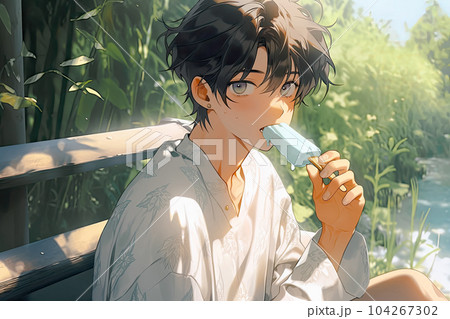 夏の暑い日にアイスを食べる若い男 104267302