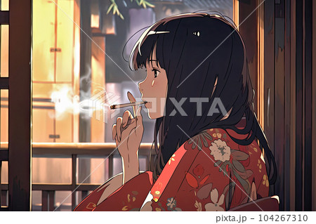 タバコを吸う着物を着た日本人女性のイラスト素材 [104267310] - PIXTA