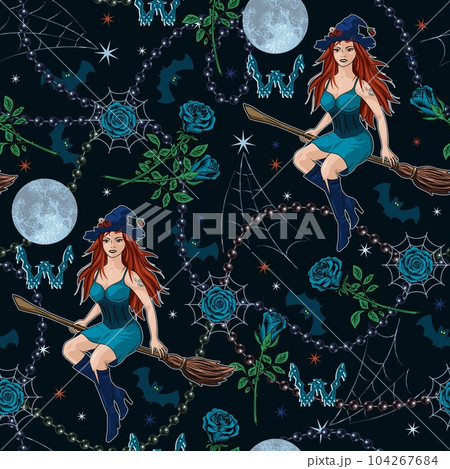 Pattern with witch on broom, halloween symbols 104267684