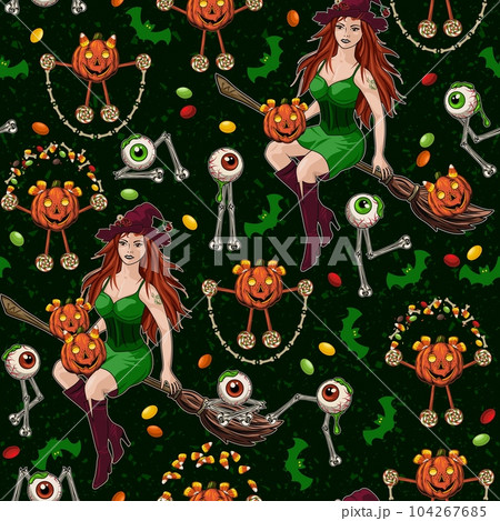 Halloween pattern with pretty witch, kid pumpkins Halloween pattern with pretty witch, kid pumpkins 104267685