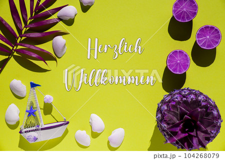 Yellow Flat Lay, Boat, Shells, Purple Pineapple, Willkommen Means Welcome 104268079