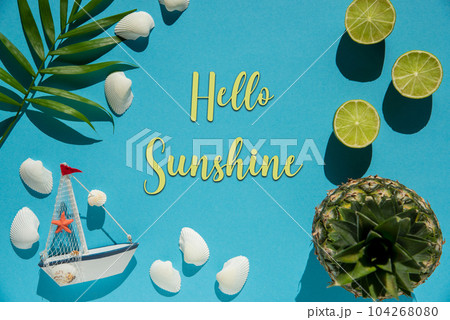 Turquoise Flat Lay, Boat, Shells, Pineapple, Text Hello Sunshine Turquoise Flat Lay, Boat, Shells, Pineapple, Text Hello Sunshine 104268080