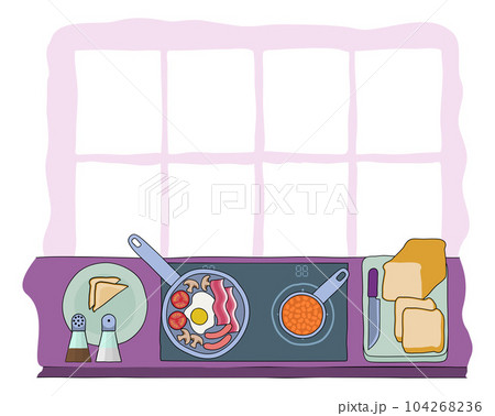 Cooking Food Full English Fried Breakfast Kitchen Cooking Food Full English Fried Breakfast Kitchen 104268236