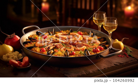 Large skillet with delicious paella on dark background, restaurant concept, healthy food 104268992