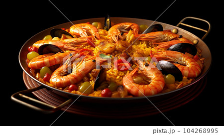 Large skillet with delicious paella on dark background, restaurant concept, healthy food 104268995