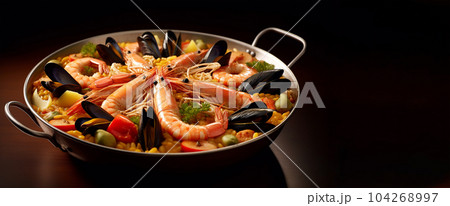 Large skillet with delicious paella on dark background, restaurant concept, healthy food 104268997