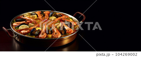 Large skillet with delicious paella on dark background, restaurant concept, healthy food 104269002