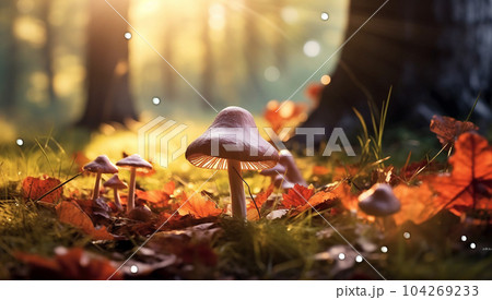 beautiful closeup of forest mushrooms in grass, autumn season. little fresh mushrooms, growing in Autumn Forest. mushrooms and leafs in forest. Mushroom picking concept. Magical colorful yellow fall beautiful closeup of forest mushrooms in grass, autumn season. little fresh mushrooms, growing in Autumn Forest. mushrooms and leafs in forest. Mushroom picking concept. Magical colorful yellow fall 104269233