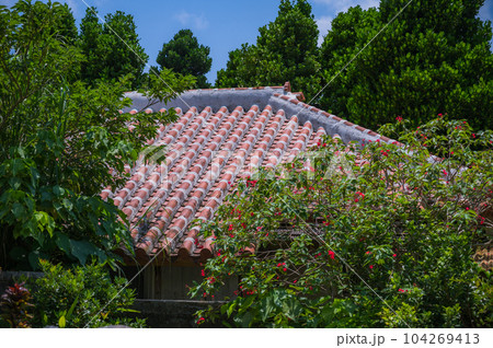沖縄　久高島　神の島、島の建物 104269413