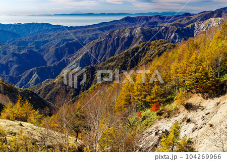 奥日光・社山・黒檜山間から見る紅葉の山並みと富士山・奥秩父の山並み 104269966