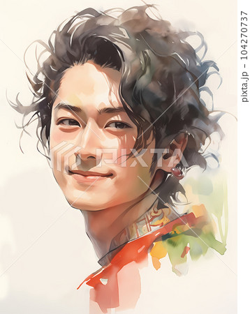 爽やかに微笑む若い男性の水彩画風イラストのイラスト素材 [104270737