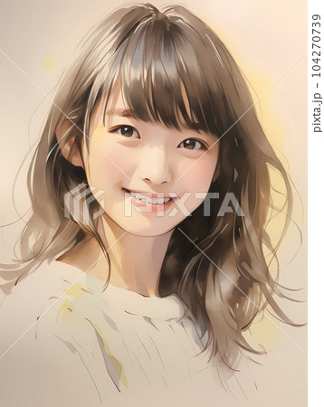 柔らかく微笑むロングヘアーの若い女性のバストショット 104270739