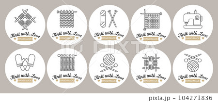 Set of stickers Knitting. knitting needles with skeins of yarn and lettering Knit with love. Hobby icons, logo, vector Set of stickers Knitting. knitting needles with skeins of yarn and lettering Knit with love. Hobby icons, logo, vector 104271836