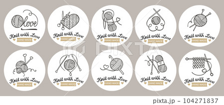 Set of stickers Knitting. knitting needles with skeins of yarn and lettering Knit with love. Hobby icons, logo, vector 104271837