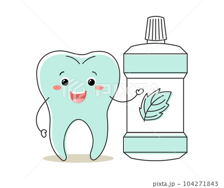 Healthy tooth kawaii character with tooth rinse, cute cartoon character. Dental care. Illustration, icon, vector Healthy tooth kawaii character with tooth rinse, cute cartoon character. Dental care. Illustration, icon, vector 104271843