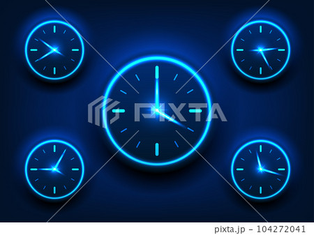 Technology background of multiple watch used to tell time dial clock That shines blue on a dark blue background, with the case making it stand out from the background. 104272041