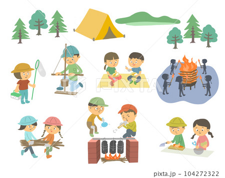 キャンプをする子どもたちのイラストセット キャンプをする子どもたちのイラストセット 104272322