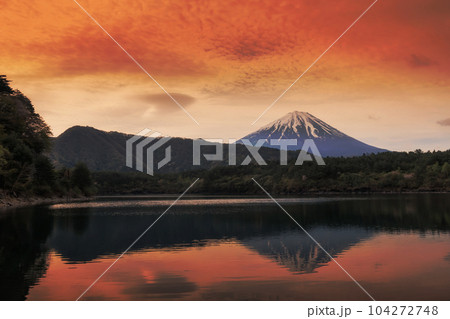 Mount Fuji with skyline reflection and twilight sky, Yamanashi 104272748