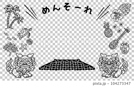 Okinawa illustration frame mensore hand drawn black and white line drawing 104273347