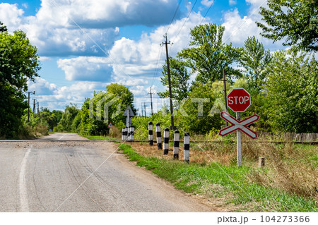 Photography to theme railway track after passing train on railroad 104273366