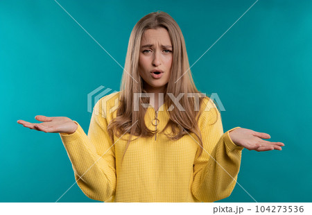 Upset woman asking - are you crazy. Quarreling lady showing stupid gesture. What 104273536