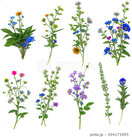 植物図鑑風野生の花セット。 AI生成画像・透過PNG 104273805