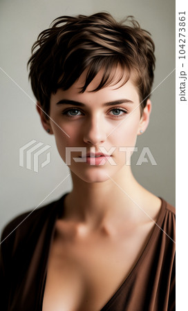 Young beautiful brunette girl with short dark curly or wavy brown hair with a confident gaze in a brown dress, indoors close-up. Generative AI. 104273861