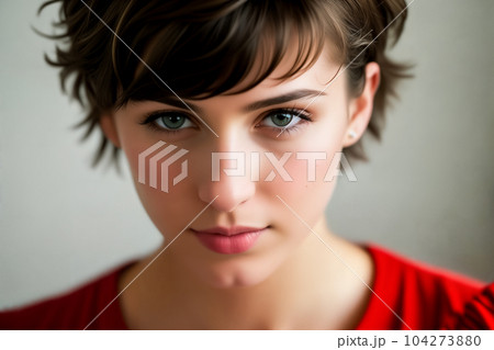 Young beautiful brunette girl with short dark curly or wavy brown hair with a confident gaze in a red dress and red lips, indoors close-up. Generative AI. 104273880