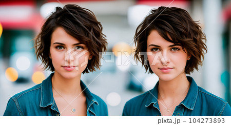 Young beautiful twin girls with short dark curly or wavy brown hair with a confident gaze, outdoor close-up and blurred street lights in the background. Generative AI. 104273893