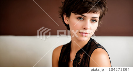Young beautiful brunette girl with short dark curly or wavy brown hair with a confident gaze, indoors close-up. Generative AI. 104273894