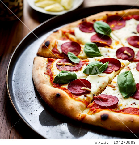 Sliced pizza with salami pepperoni sausage, mozzarella cheese, basil and tomato sauce on dark gray background - traditional Italian food close-up with angle view. Generative AI. 104273988
