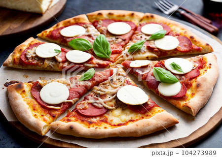 Sliced pizza with salami pepperoni sausage, mozzarella cheese, basil and tomato sauce on dark gray background - traditional Italian food close-up with angle view. Generative AI. 104273989