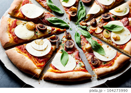 Sliced pizza with salami pepperoni sausage, mozzarella cheese, basil and tomato sauce on dark gray background - traditional Italian food close-up with angle view. Generative AI. 104273990