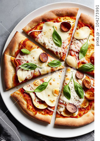 Sliced pizza with salami pepperoni sausage, mozzarella cheese, basil and tomato sauce on dark gray background - traditional Italian food close-up with top view. Generative AI. 104273991
